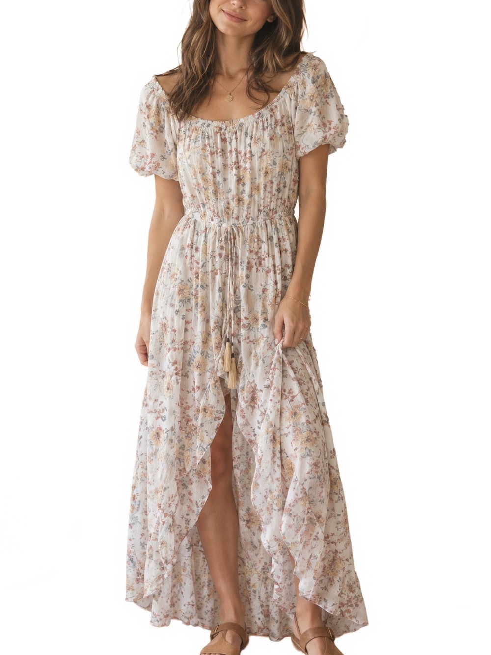 Xhilaration Cream Floral Tie-Waist High-Low Maxi Dress / Romper Small